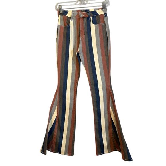 Altar'd State Blue Multi-Color Striped Bell Bottom Denim Jeans Women Sz S - Picture 1 of 11
